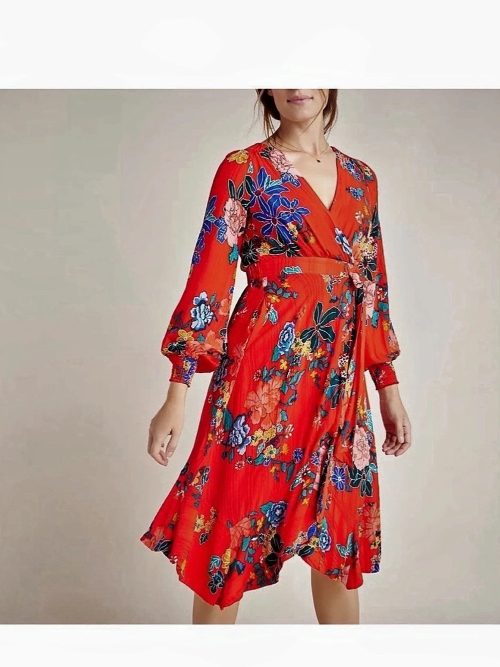 Anthropologie Red Floral Wrap Dress – Boho Statement Midi Dress US 4